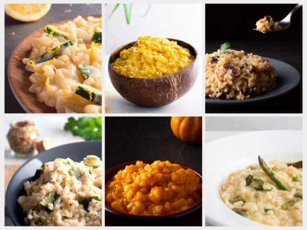 une compilation de 6 photos de risottos vegan