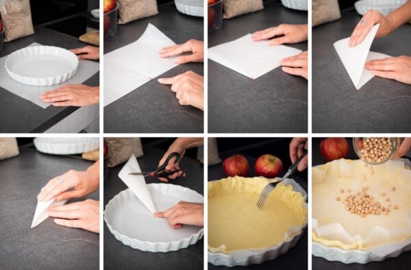 un tuto en 8 étapes pour plier une feuille de papier cuisson pour qu'elle soit bien ronde