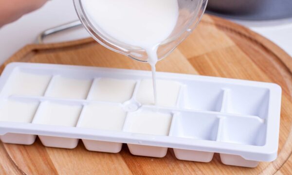 du lait végétal est versé dans un bac à glaçons afin de mieux le conserver