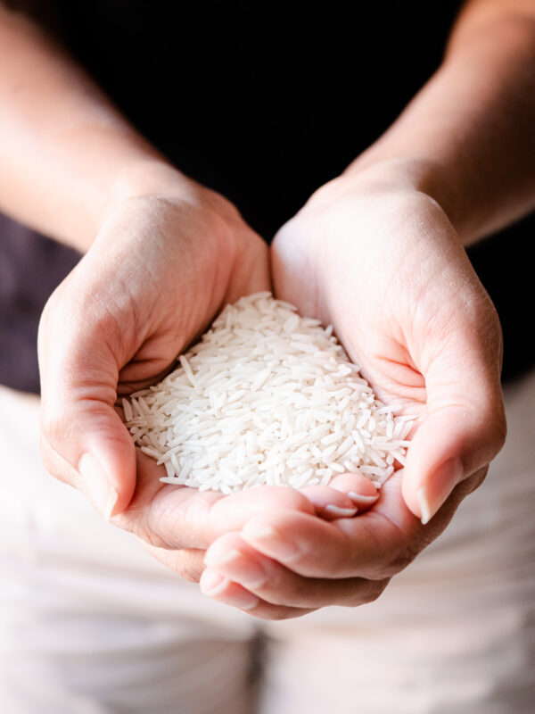Marion tient une poignée de riz dans les mains
