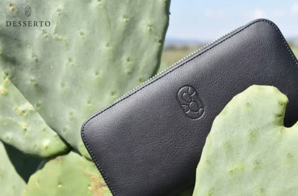 un portefeuille en cuir vegan, entouré de la matière utilisée pour le créer : du cactus