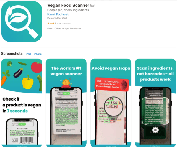 l'application mobile vegan food scanner qui permet d'analyser les listes d'ingrédients afin de déterminer si un produit est vegan