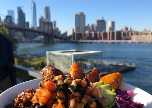 un bowl vegan que l'on a dégusté avec une vue sur le brooklyn bridge de new york