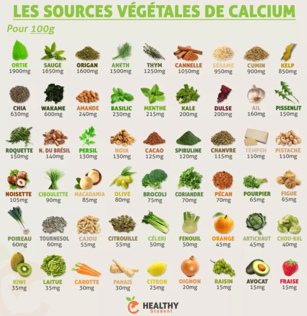 une infographie qui liste les 54 plus grosses sources végétales de calcium